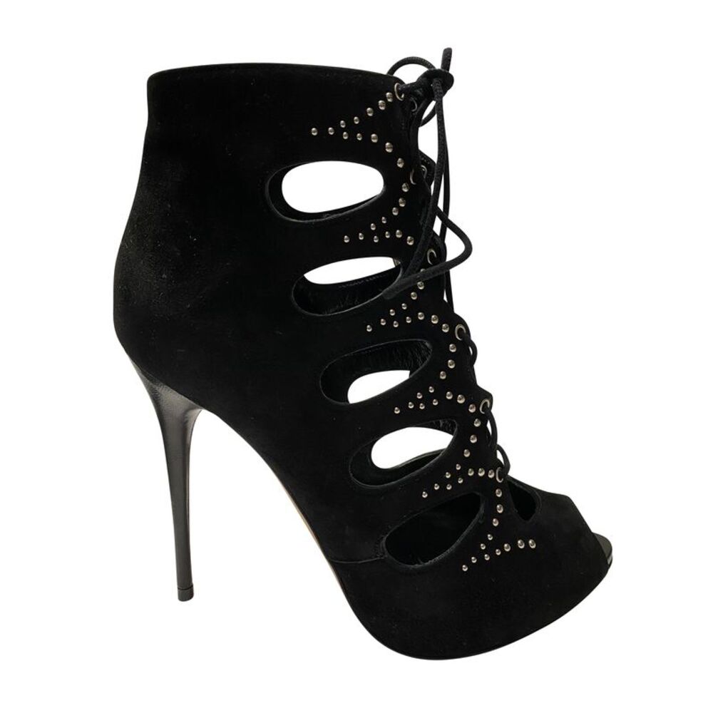Alexander McQueen Cut Out Studded Lace Up Boots in Black Suede